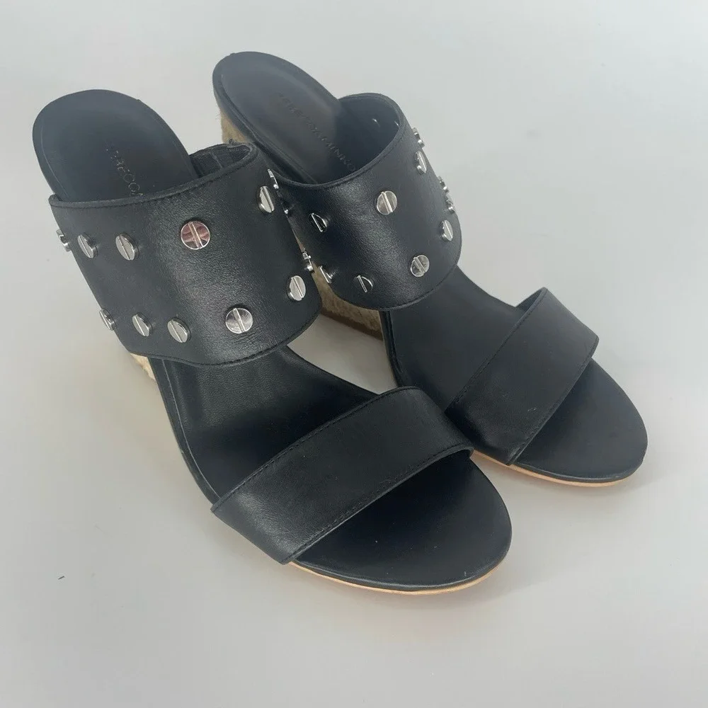 Rebecca Minkoff Black Leather‎ Emily Studded Espadrille Wedge Sandals Size 9.5